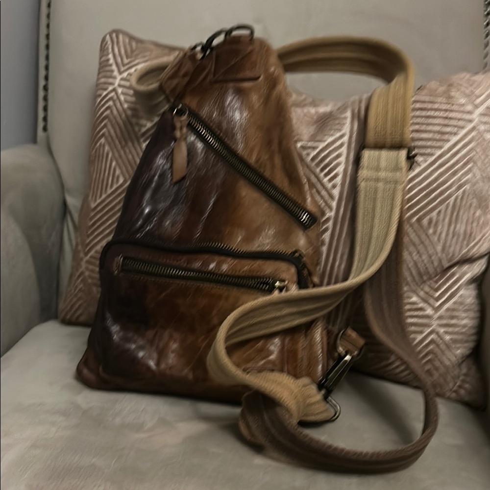 Bed Stu Brown and Tan Leather Crossbody Bag with Distressed Finish